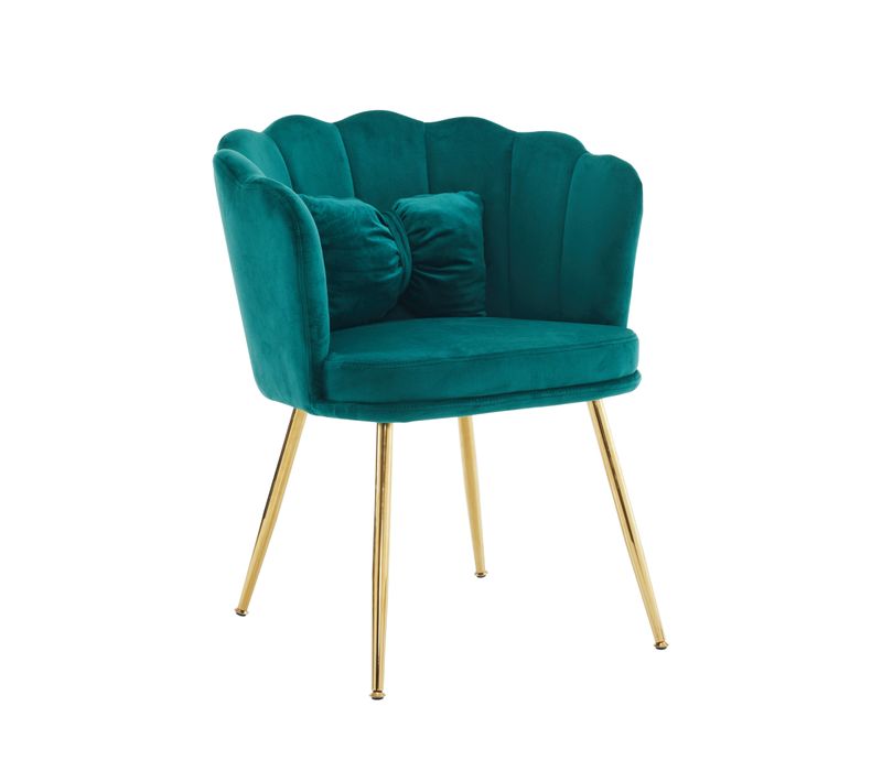 Chaise Velours Moderne Capitonnée Avec Dossier Pétale Et Coussin, Pieds Métal Doré, Vert