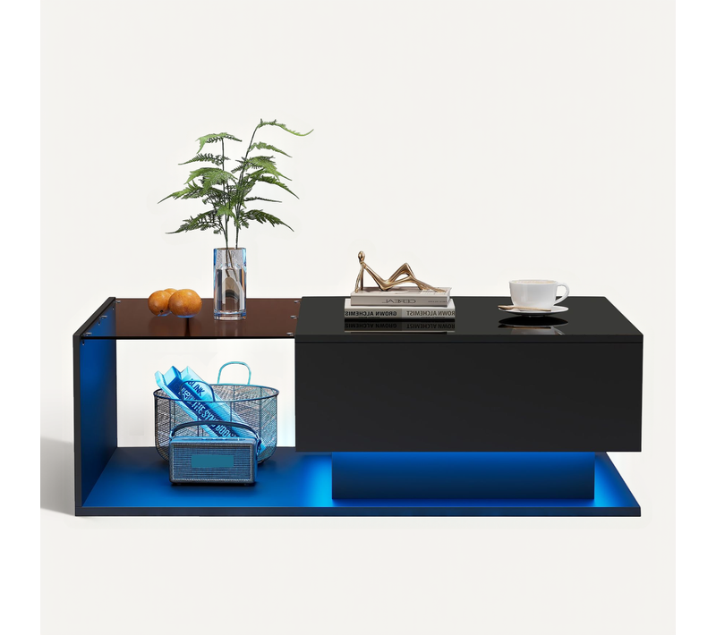Table Basse Noire Avec LED, 1 Tiroir Et Plateau Verre Brillant Anti-rayures- Design Moderne