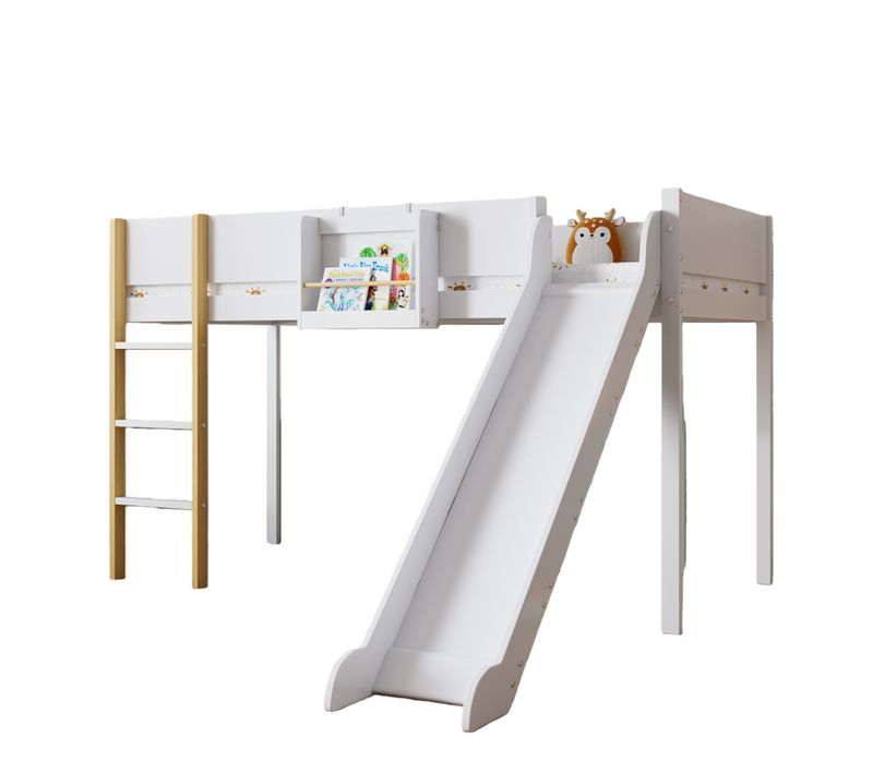 Lit Mezzanine 90x200 Cm Avec Échelle 3 Marches, Toboggan, Étagère Amovible, Pin + Mdf Blanc/naturel