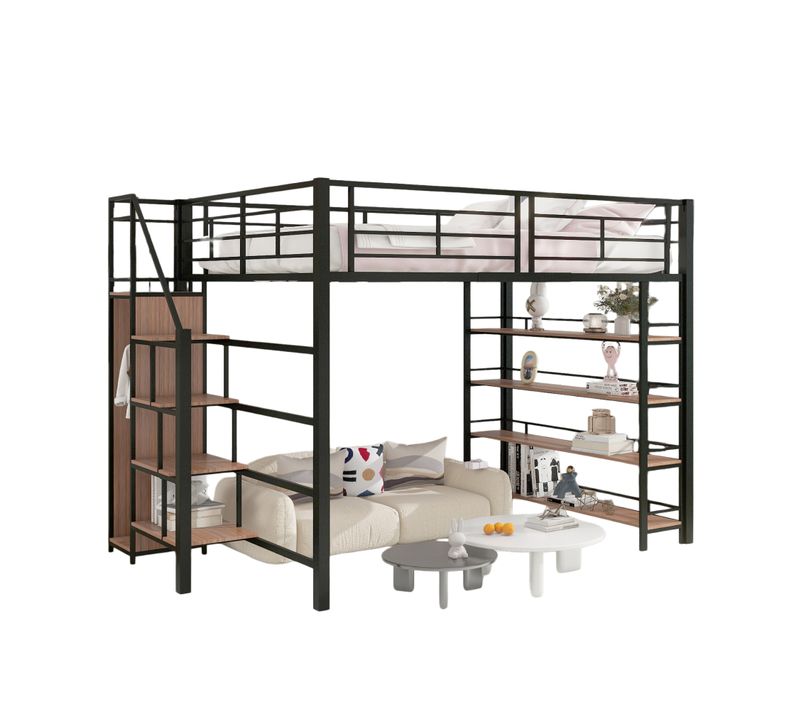 Lit Mezzanine Double 140x200 Cm - Escalier De Sécurité, Placard De Rangement, Métal Et Mdf - Noir