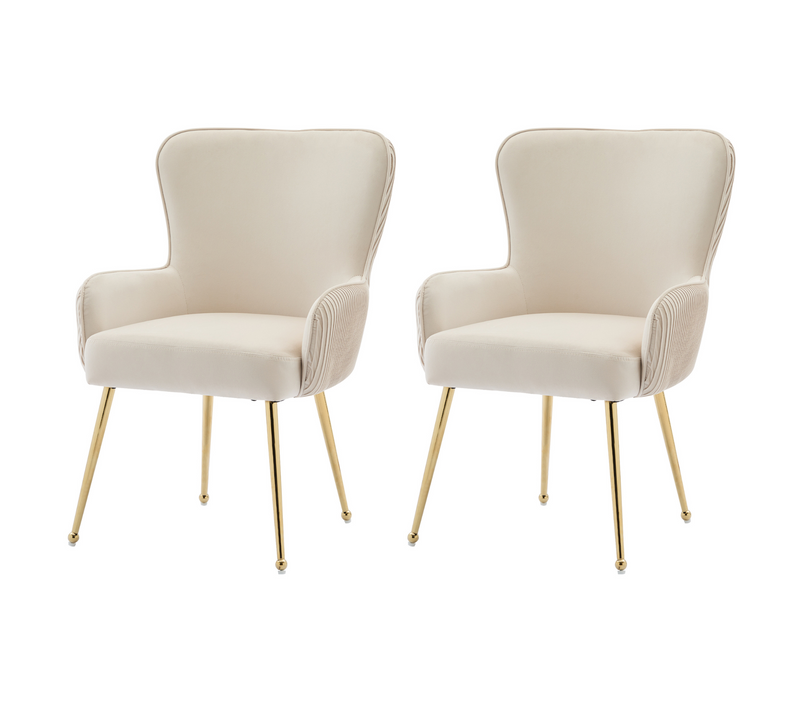 Chaises Lot De 2 Moderne Avec Accoudoirs, Soutien Lombaire, Velours, Pieds Métal Dorés, Beige