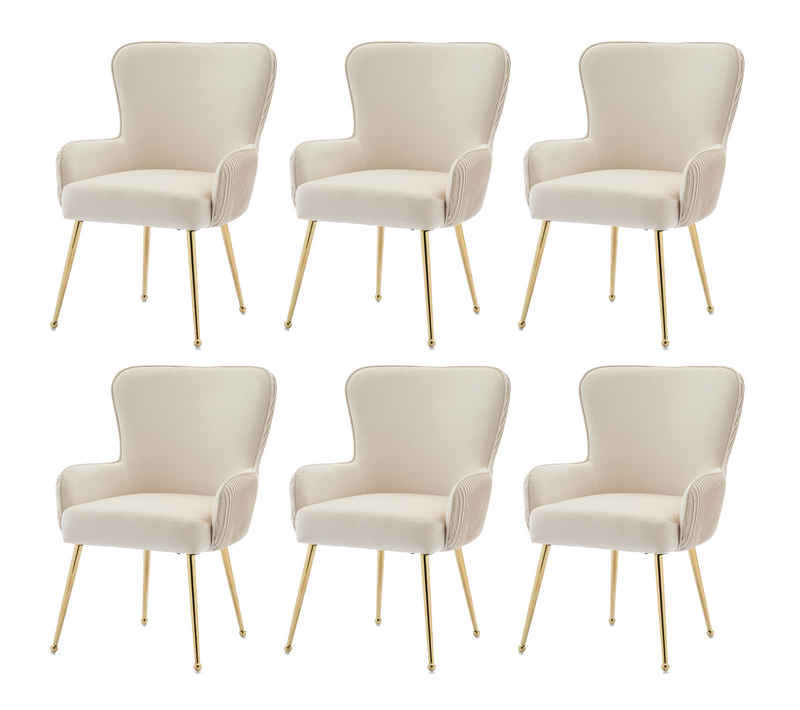 Chaises Lot De 6 Moderne Avec Accoudoirs, Soutien Lombaire, Velours, Pieds Métal Dorés, Beige