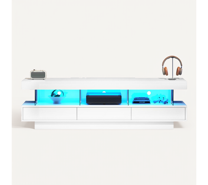 Meuble TV LED, Contrôle Via Application, Compartiments Verre, Banc TV Moderne Mdf, Blanc