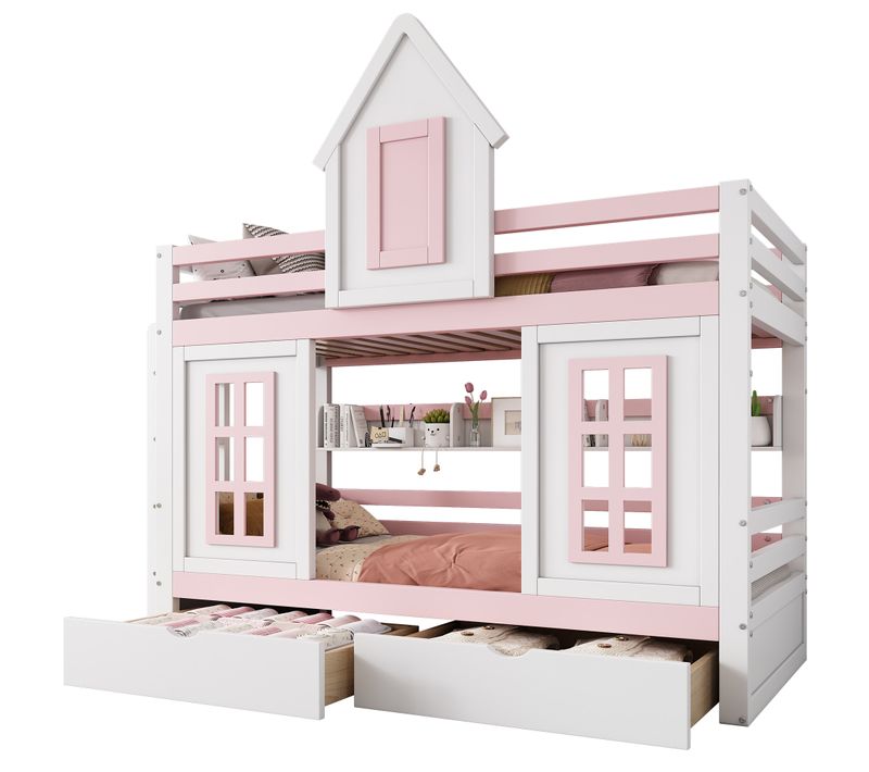 Lit Superposé Enfant 90x200 Cm Cabane Avec Toit, Fenêtre, 2 Tiroirs, Étagère Intégrée, Blanc/rose