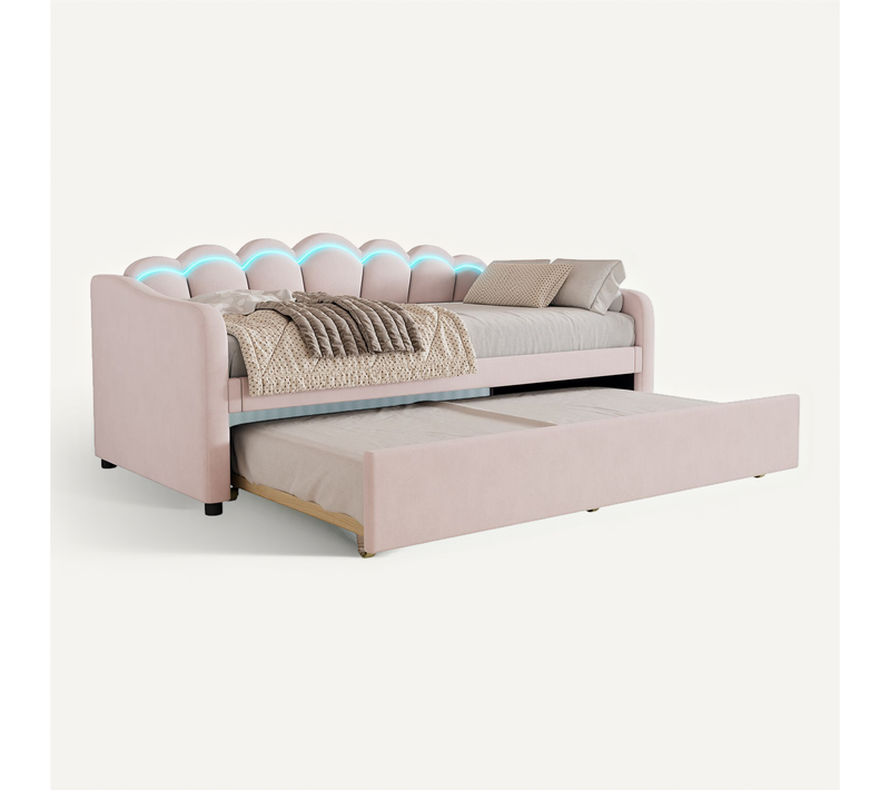 Lit Gigogne 90x200 Cm Avec Lit Tiroir 90x190 Cm Et éclairage LED, Revêtement Velours Doux, Rose
