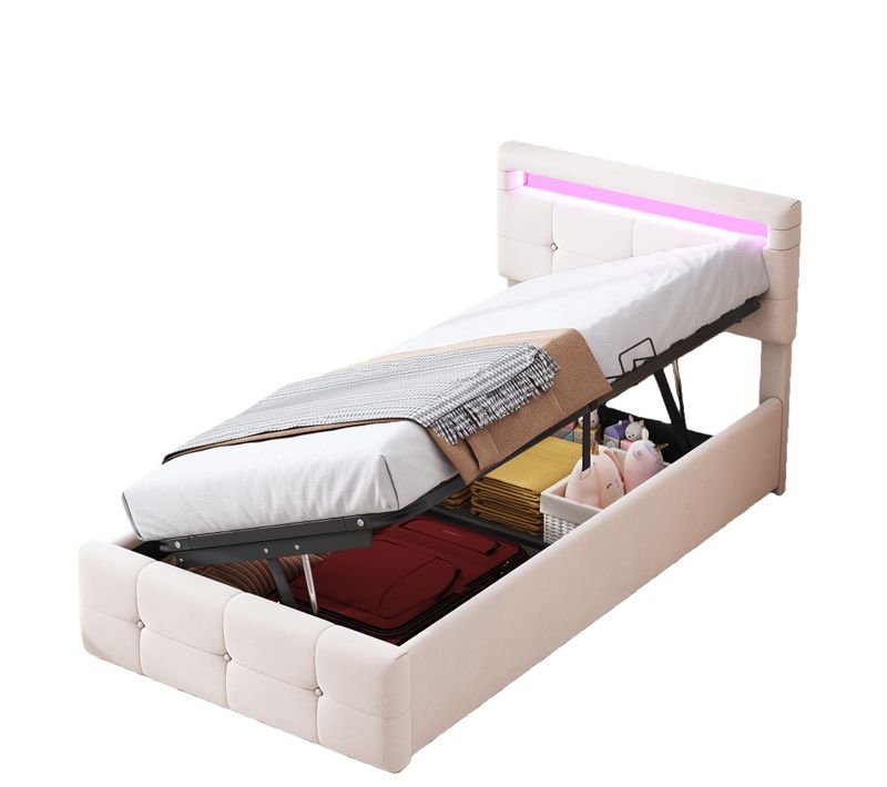 Lit Coffre 90x200 Cm - Lit Hydraulique Avec Rangement, Tête De Lit Réglable, Velours Beige