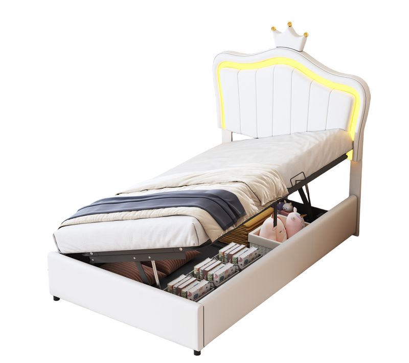 Lit Coffre 90x200 Cm Enfant Avec Couronne Blanche Et LED, Design Capitonné Élégant, Blanc