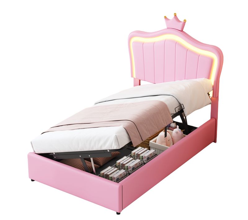 Lit Coffre 90x200 Cm Enfant Avec Couronne Blanche Et LED, Design Capitonné Élégant, Rose