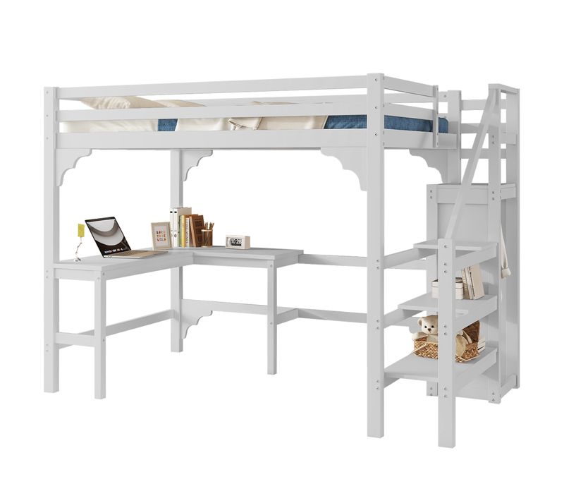 Lit Mezzanine 140x200 Cm - Lit Combiné Avec Bureau Et Armoire Ouverte, Lit Junior En Bois - Blanc