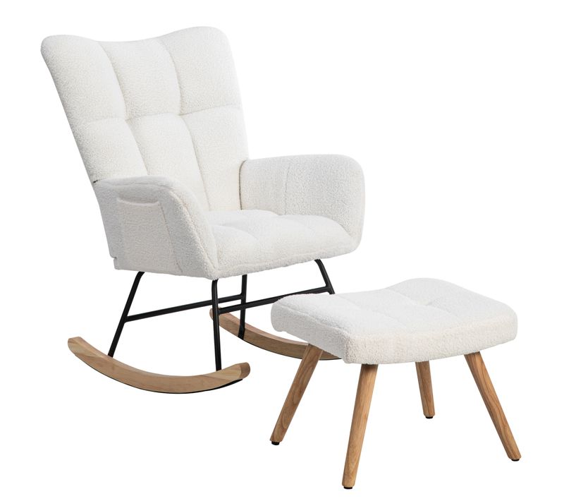 Fauteuil à Bascule Relax, Repose-pieds, Tissu, Structure Bois/métal, Blanc