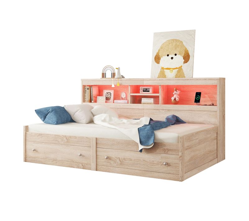 Lit Banquette 90x200 Cm Simple Enfant/ado Avec Ports USB Et éclairage LED, Structure Mdf, Naturel