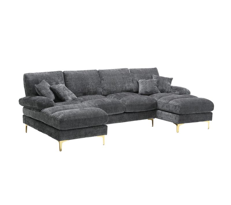 Canapé D’angle Modulable 4 Places, U-shape, Coussin Rembourré, Pieds Fer - Chenille Gris