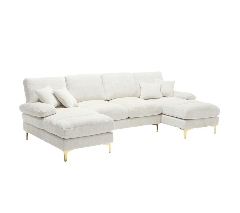 Canapé D’angle Modulable 4 Places, U-shape, Coussin Rembourré, Pieds Métal - Chenille Blanc