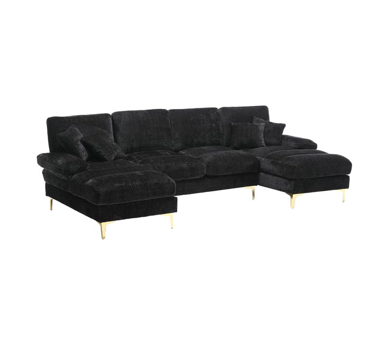Canapé D’angle Modulable 4 Places, U-shape, Rembourrage Mousse, Pieds Métal - Chenille Noir
