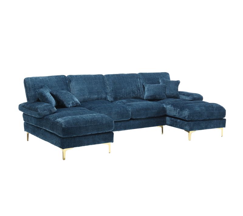 Canapé D’angle Modulable 4 Places, U-shape, Mousse, Accoudoirs, Pieds Fer - Chenille Bleu