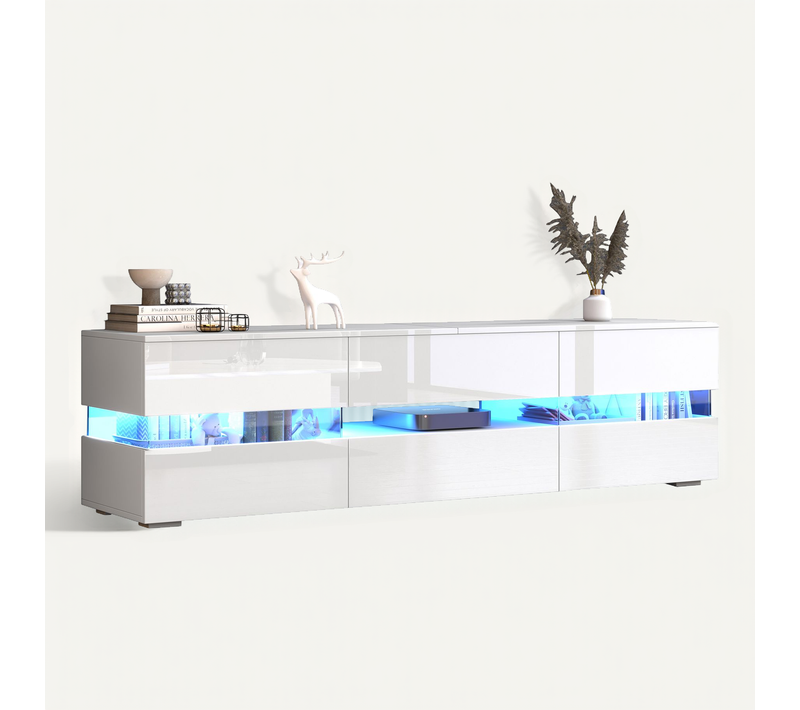 Meuble TV LED, 4 Portes, 1 Tiroir, Panneaux Acrylique, Finition Haute Brillance, Blanc