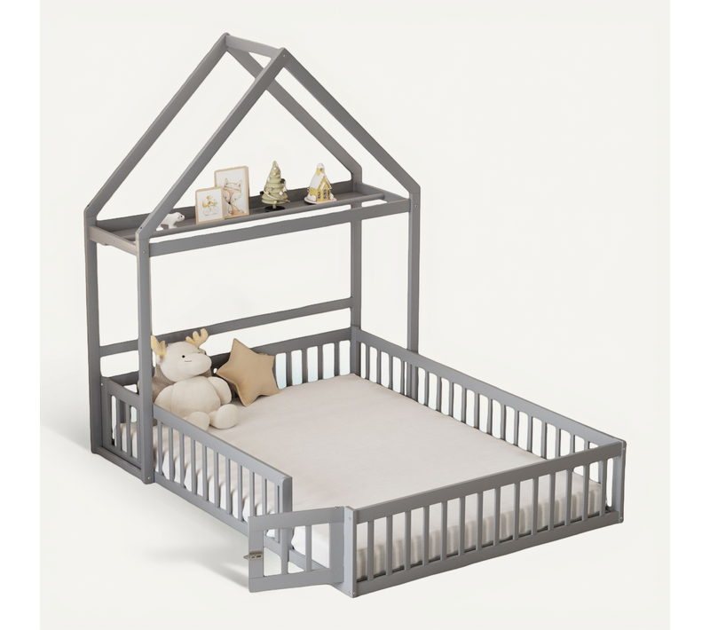 Lit Enfant 140x200 Cm - Lit Cabane Double Avec Barrières Et Porte, Cadre En Bois, Gris