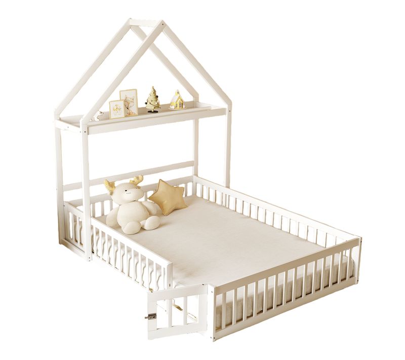 Lit Enfant 140x200 Cm - Lit Double Cabane Avec Grille Et Porte, Cadre En Bois, Blanc