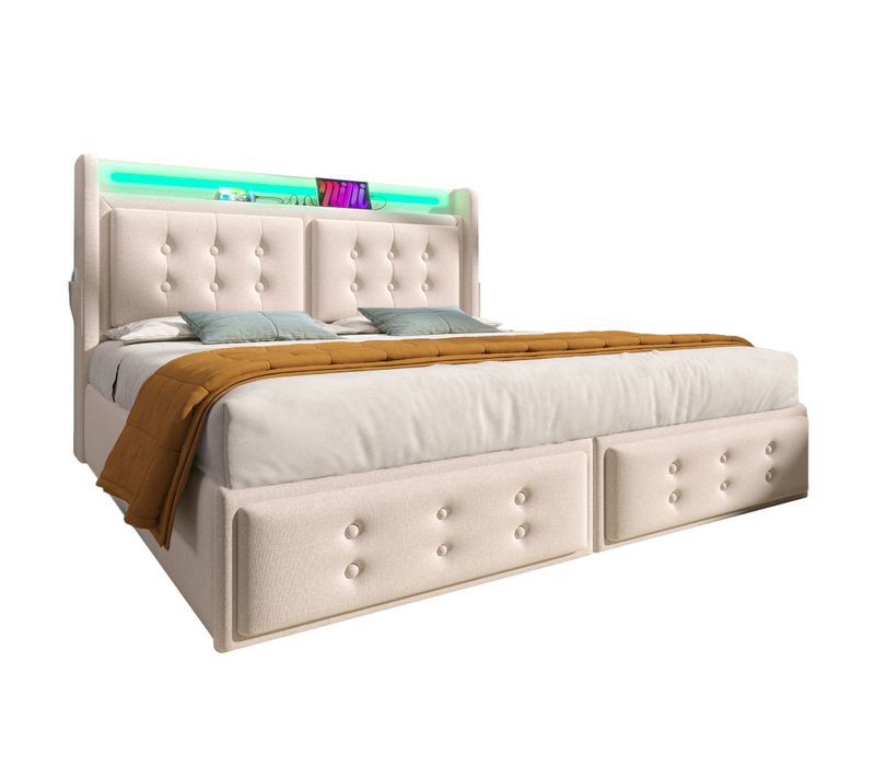 Lit Coffre Double 180 X 200 Cm - Avec Tête De Lit LED Et Charge USB C - Bois, Coton, Métal - Beige