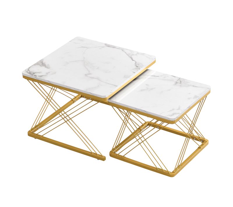 2 Tables Basses Carrées Gigognes Avec Effet Marbre Et Pieds Ajustables, Mdf Blanc Et Doré