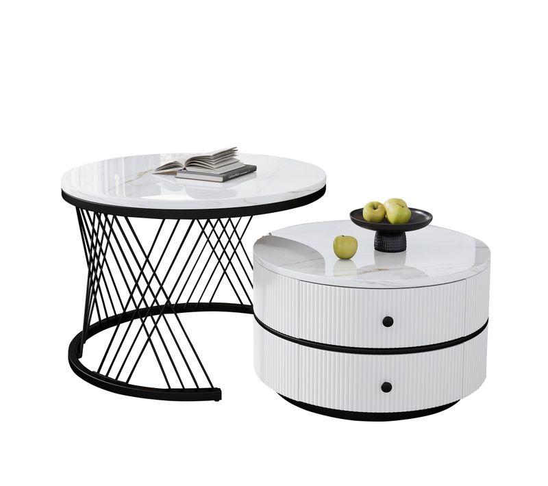2 Tables Basses Gigognes Avec 2 Tiroirs Et Plateau Effet Marbre Brillant, Mdf Blanc Et Noir