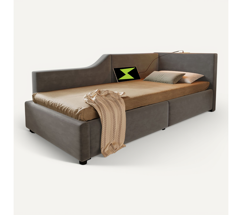 Lit Coffre Enfant 90 X 190 Cm Beige, Lit Simple Rembourré, Lampe De Lecture, Recharge USB-c, Gris