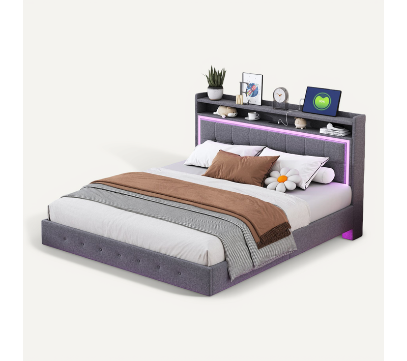 Lit Double 160x200 Cm - Lit Rembourré Adulte Avec LED Intégrée Et Port USB, Pieds Cachés Lin Gris