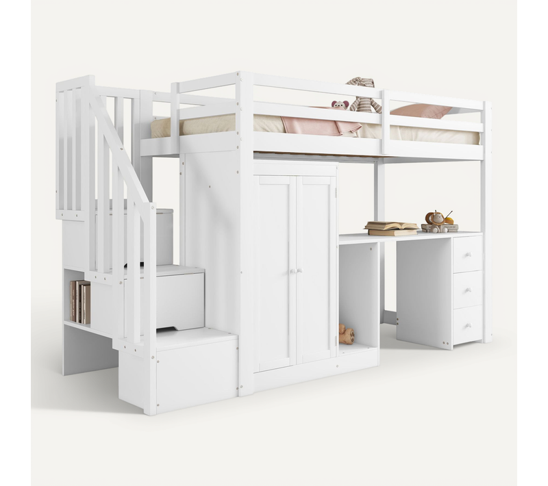 Lit Mezzanine 90x200 Cm - Lit Simple Avec Bureau Et Tiroirs - Pin Et Mdf - Blanc