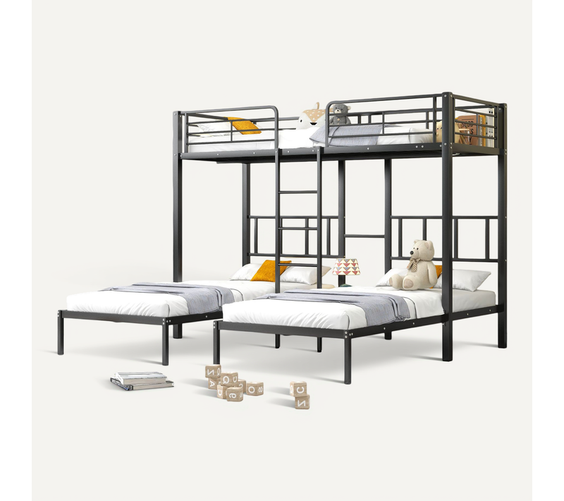 Lit Superposé 90x200 Cm - Lit Triple Avec Barrière De Protection - Métal - Noir