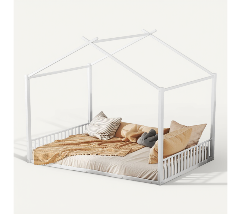 Lit Cabane 140x200 Cm - Lit Enfant Avec Sommier à Lattes - Métal - Blanc