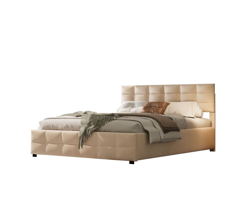Lit Coffre 180x200 Cm - Lit Hydraulique, Rangement Et Sommier à Lattes, Velours Beige