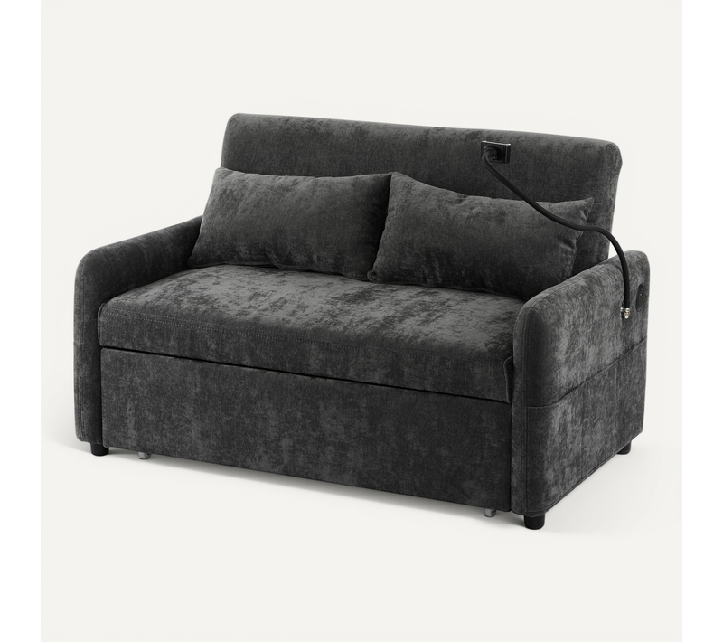Canapé-lit Convertible 2 Places Avec Dossier Réglable, Port USB, Chenille, Gris