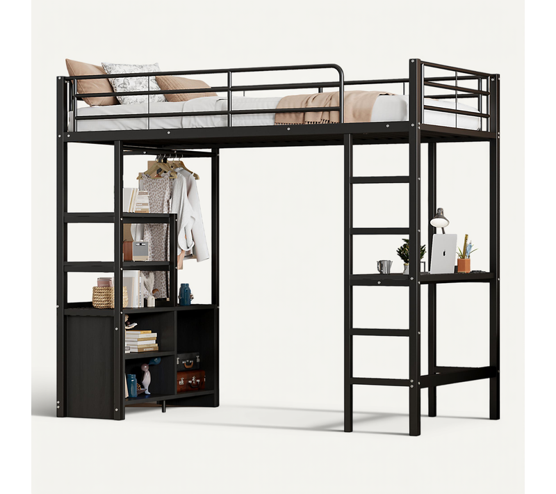 Lit Mezzanine 90×200 Cm Avec Bureau, Prise USB, étagères Et Rangements, Métal, Noir