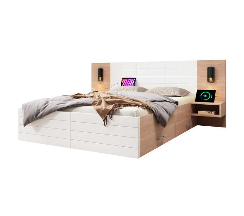 Lit Avec Rangement 180 X 200 Cm - Lit Double Avec Lampes Et USB - Bois Mdf - Blanc Chêne