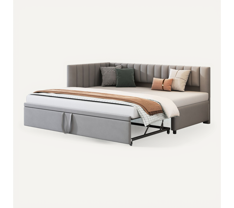 Lit Gigogne Enfant 90/180x200 Cm Avec Lit Coulissant, Multifonction, Velours Gris Clair