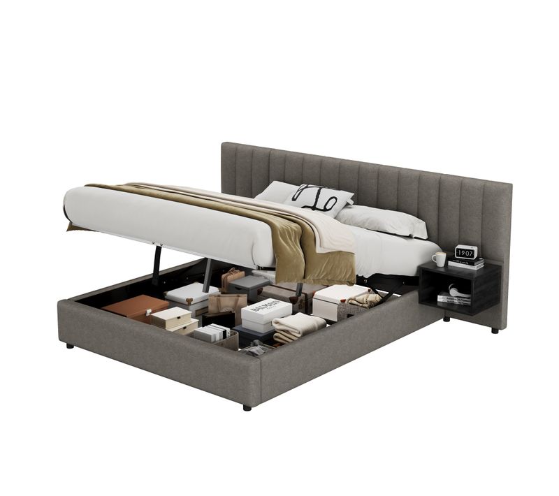 Lit Coffre 160x200 cm - Lit Double Ado Et Adulte, Rangement, 2 Tables De Nuit, Lin Gris+noir