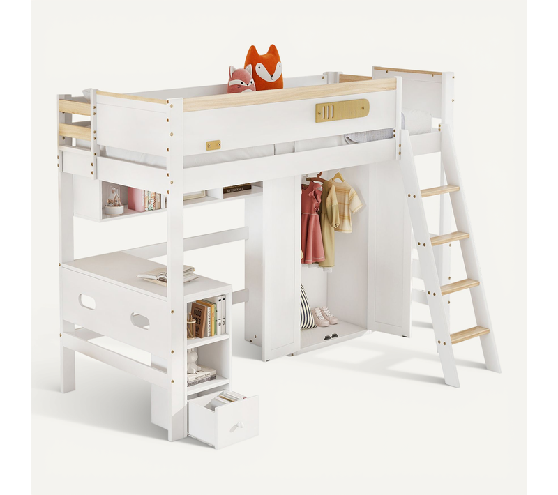 Lit Mezzanine Enfant 90x200 Cm, Bureau, échelle, Anti-chute, Rangement, Blanc Et Naturel