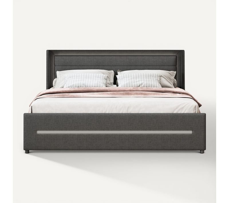 Lit Double 160x200 Cm - Lit Avec éclairage LED Changeant, Rangement Intégré, 4 Tiroirs, Lin Gris