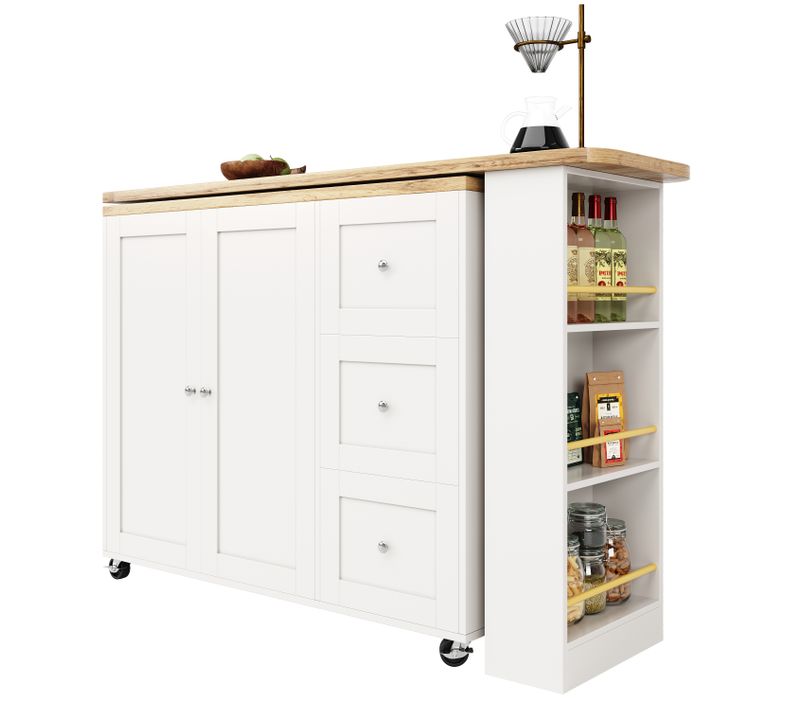 Meuble Bar Pivotant Extensible Avec 3 Tiroirs Et Support à Snacks, Table Haute Moderne, Mdf, Blanc
