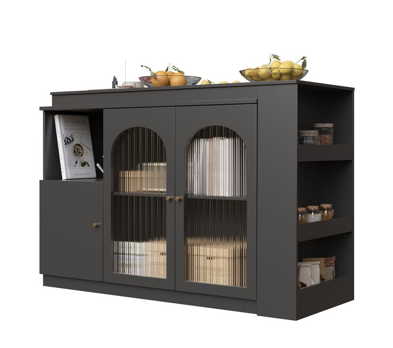 Meuble Bar Pivotant 360° Avec Vitrine Verre Cannelé - Table Bar Moderne Cuisine/salon - Mdf Noir