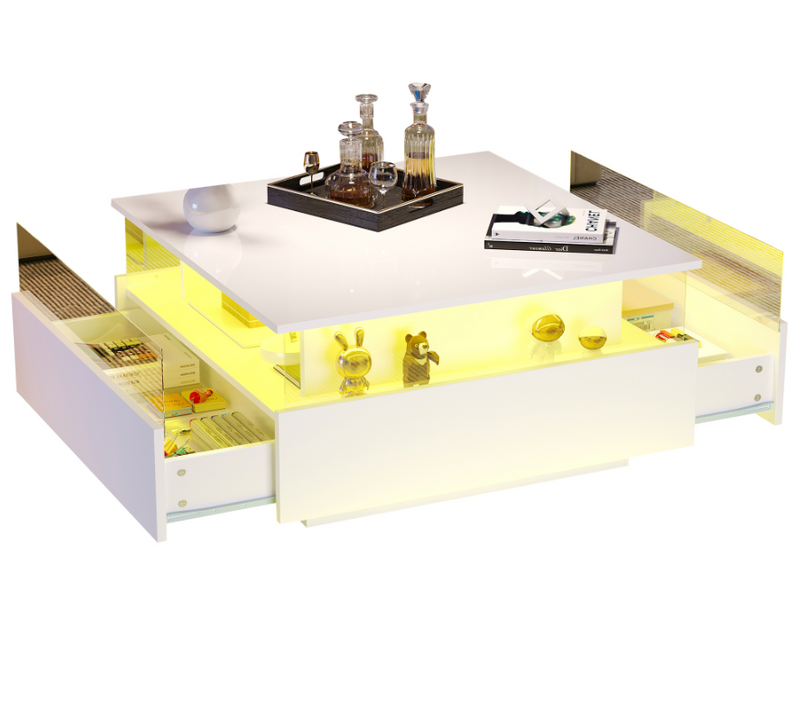 Table Basse Moderne, LED, 2 Tiroirs, Vitrine Transparente, Laqué Brillant, Blanc