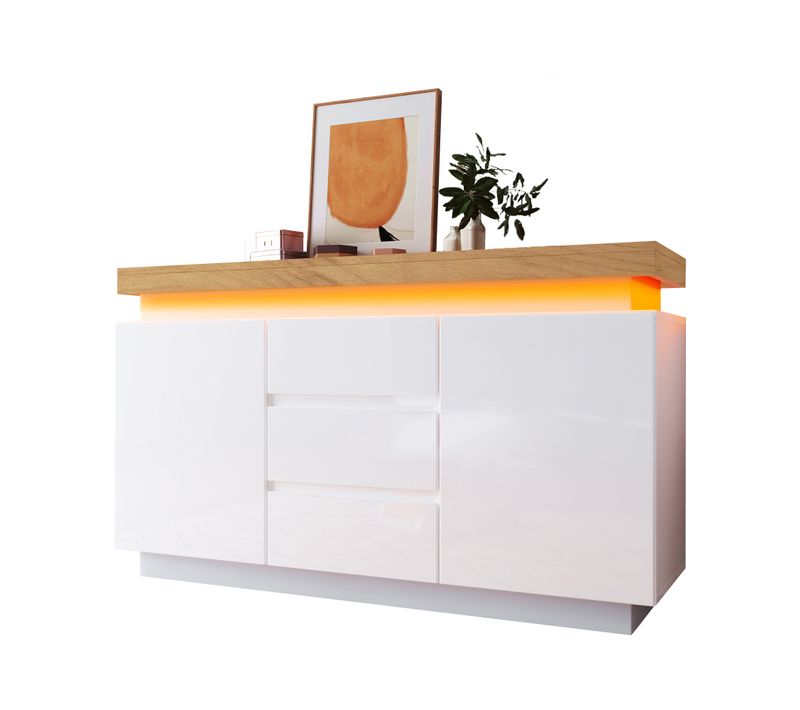Buffet Moderne Avec 2 Portes, 3 Tiroirs, LED Contrôlable Par App, Panneau Particules/mdf, Blanc