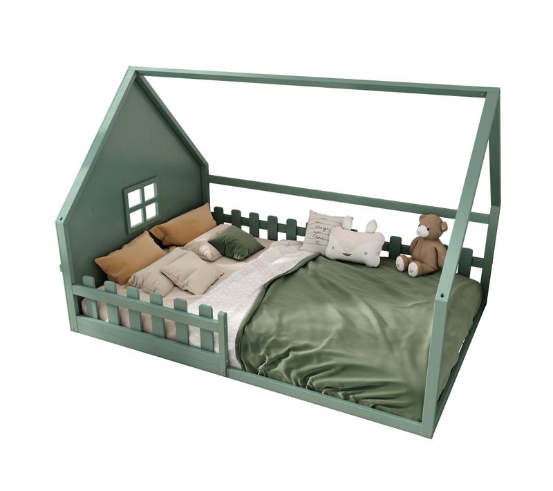 Lit Cabane 140 X 200 Cm - Lit Double Enfant Avec Barrières - Pin + Mdf - Vert