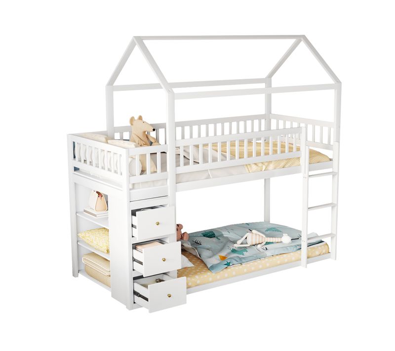 Lit Superposé 90x200 Cm Enfant En Bois Avec Rangement, Cabane, Protection Et Échelle, Blanc