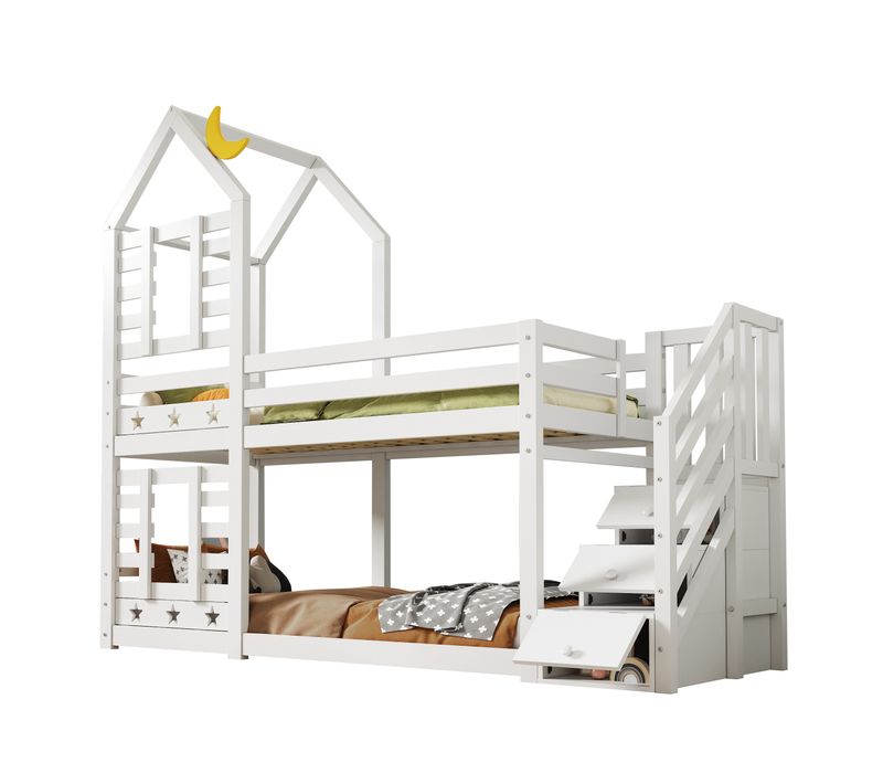 Lit Superposé Enfant 90x200 Cm Cabane, Échelle, Barrière, 2 Sommiers, Rangement, Mdf Et Pin, Blanc