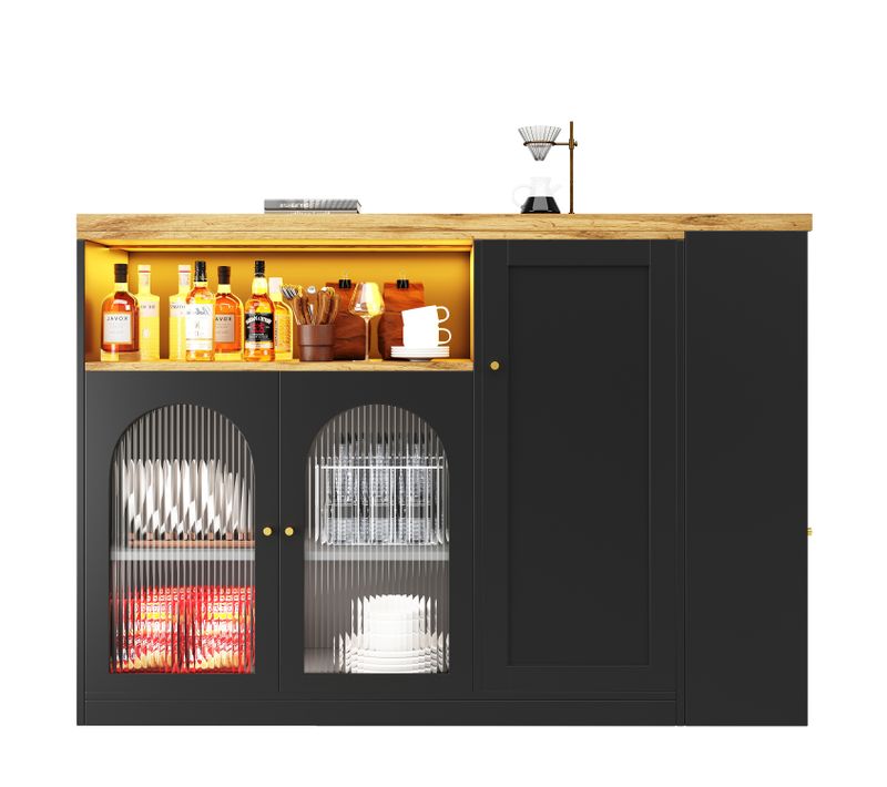 Table Bar Avec Plateau Mdf Et LED, Rangement Avec Vitrine Verre Cannelé - Meuble Bar Salon Noir