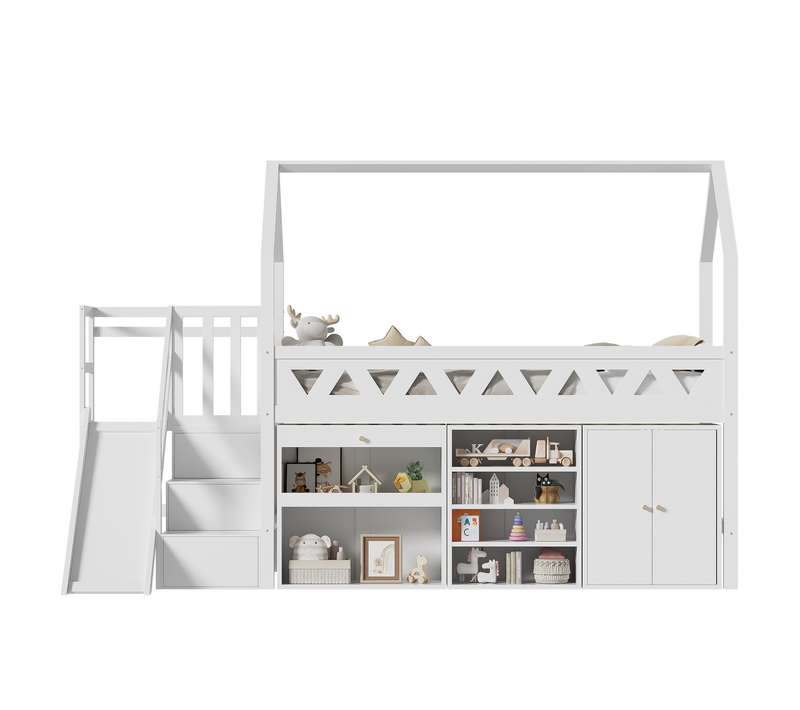 Lit Mezzanine Enfant 90x200 Cm, Toboggan, Escalier, Tiroirs Rangement, Porte Magnétique, Bois Blanc