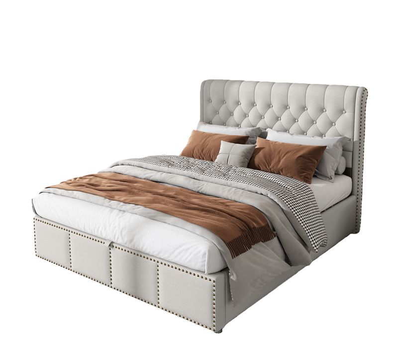 Lit 140x190 Cm - Polsterbett Avec Coffre De Rangement Et Vérin Hydraulique, Lin, Gris