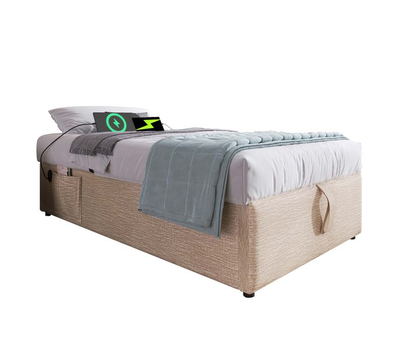 Lit Coffre Simple 90x190 Cm Avec Rangement Intégré Et Port USB-c, Cadre Métal Et Lin Naturel