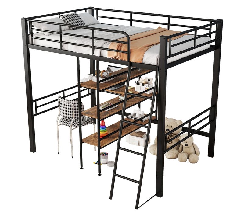 Lit Mezzanine 90x200 Cm - Lit Simple Avec Bureau En L, Garde-corps Et Échelle - Métal Noir